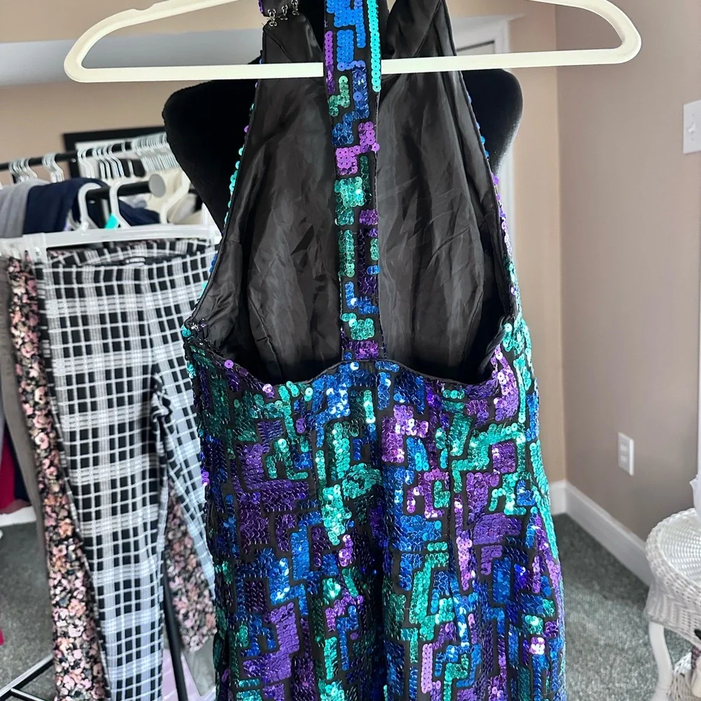 Backless Halter Sequin Dress in Iridescent Blue-Green-Purple - Picture 2 of 9